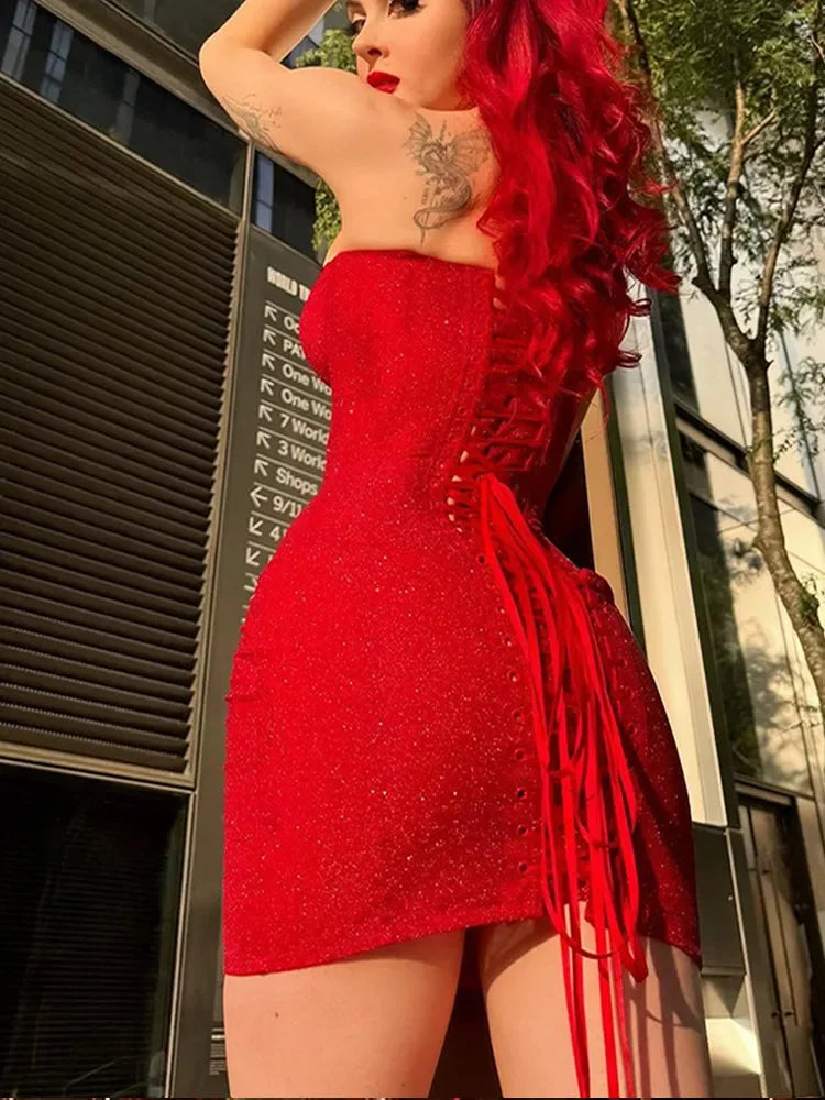 Mini robe rouge à paillettes pour femmes, robes de fête de Noël, ficelle de proximité dos nu sexy, mode sans bretelles